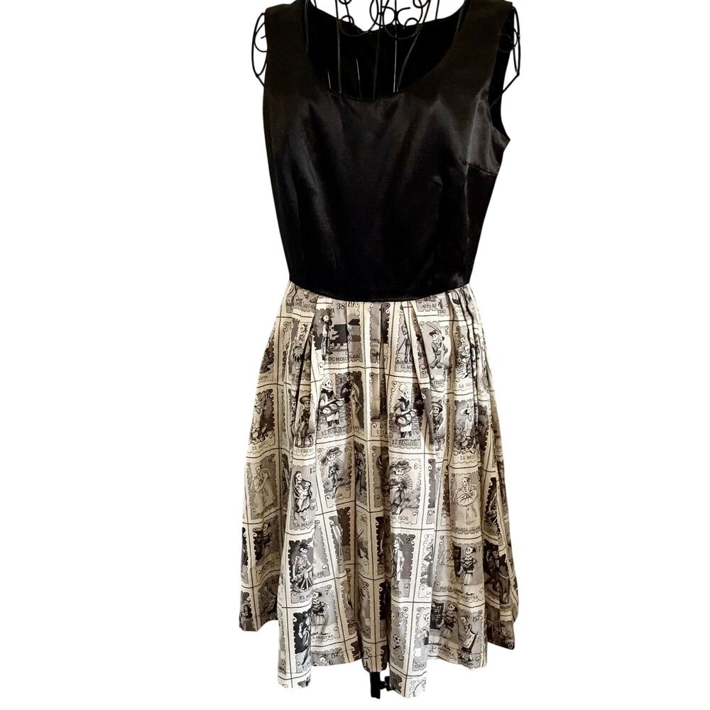 Loteria Day of the Dead Folter Skeleton Stamp Dress Satin Goth Pinup Indie Latin
